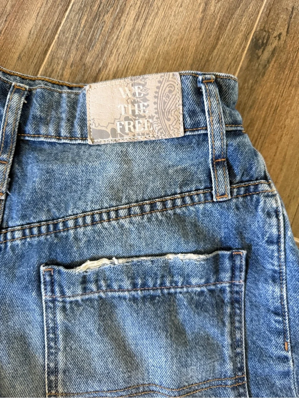 We The Free Boomerang Long Distressed Blue Denim Shorts